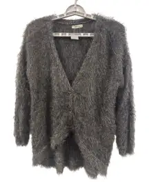 Verty Fuzzy Knit Cardigan Sweater Shaggy Textured One Size Gray Metallic