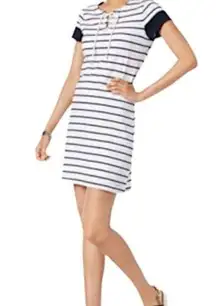 Tommy Hilfiger short sleeved dress White w navy stripes Lace up neckline sz S