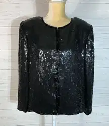 Vintage Silk Sequin Open Front Cardigan Blazer Jacket Sz M Glam Formal Evening
