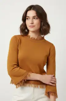 Honey Punch Mustard Yellow Split Back Fringe Trimmed 3/4 Sleeve Blouse Size XS