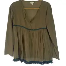 Live Happy Women's Size S/M Sage Green‎ Sheer Boho Long Sleeve Babydoll Top