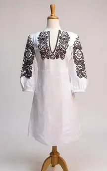 Tory Burch Beaded Mini Dress Tunic Sz 4 White Linen Brown Floral Embellished