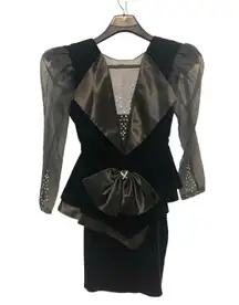 Vintage 80’s Karen Okada for David Howard Velvet Black Sequin Bow Skirt Set Suit