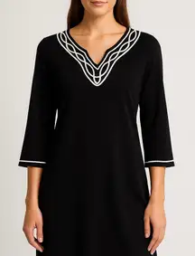 Ava Lynn Black Tunic Dress with White Embroidered Trim – Made in USA – Size M/L