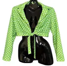 1970s Vintage Polka-Dot Lime Green V-Neck Tie-Front Long-Sleeve Crop Top