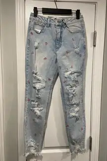 NWT Tinseltown Size 5 Pizza Embroidered Distressed Curvy Hi Rise Skinny Jeans