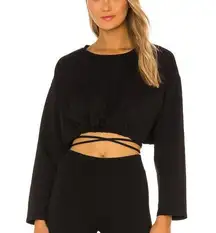 H:ours Wrap Tie Waist Crop Top Medium Black Sweatshirt Long Sleeve $110 NEW