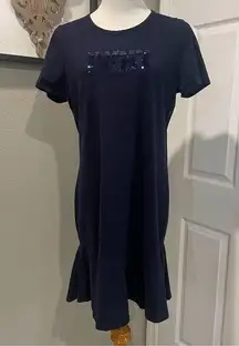 DKNY Cotton Navy Blue Ruffle Bottom Dress With Sequin Logo Size L
