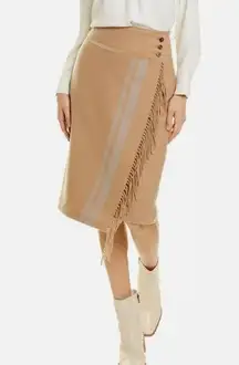 J Mclaughlin Womens Ines Skirt 6 Wool Tan Pencil Wrap Fringe Lined Knee Modest