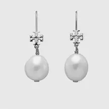 New Tory Burch SILVER Logo Pearl Drop Cultured Pearl French Wire Earring
