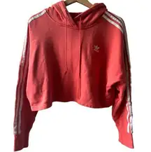 Adidas  salmon cropped hoodie with white long sleeve stripes, size small