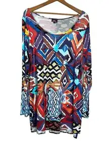 Salaam Tunic Top Womens Large Multicolor Colorful Pattern Long Sleeve Scoop Neck