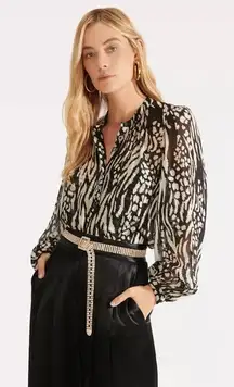 Veronica Beard • Ashlynn Blouse 100% silk chiffon ikat animal print zebra black