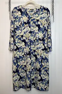 J McLaughlin Straight Shift Dress Blue & Cream Long Sleeve Office Work Size M