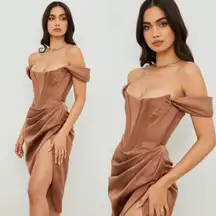House‎ of CB Toffee Loretta Dress brown corset satin dress boned size M NWOT