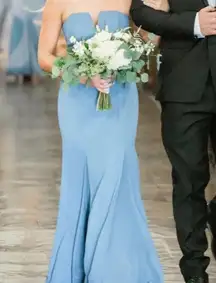 V-Wire Strapless Crepe Soie Chiffon Bridesmaid Dress in Steel Blue