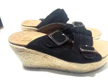 Skechers Black Suede Women's Wedge Sandals luxe foam Size 8 Raffia Espadrilles