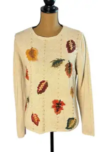 Y2K Fall Leaf Embroidered Sweater Womens Large Cream Knit Cottagecore Cabincore