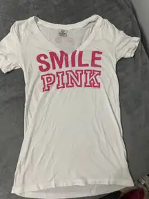 PINK Victoria's Secret White V Neck T-shirt with Pink Smile Peace Sign