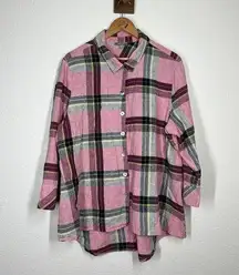 Habitat  Nantucket Plaid Button Front Shirt XL Linen Cotton Pink Tones