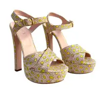 Red Valentino Yellow Daisy Print Platform Sandals Heels Size 38 US 7.5‎