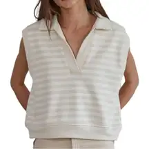 By Together L Natural Taupe Knit Cotton Stripe Collar Neck Sleeveless Vest Top