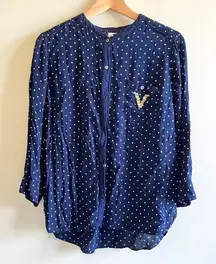 Anthropologie Maeve Polka Dot Monogram ‘V’ Blouse Navy Blue Size M Top Button‎
