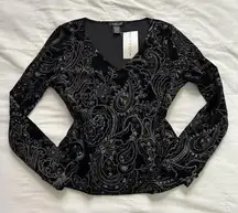Y2K deadstock vintage Black velour glitter paisley print long sleeve v neck top