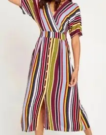 Harper Heritage Multi-Color Stripe V-Neck Button Down Short Sleeve Maxi Dress