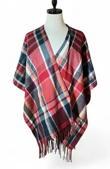 Woolrich Plaid Poncho Wrap Cape Fringe One Size Red Blue Grey