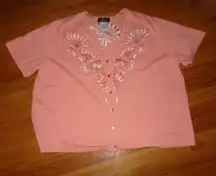 Bob Mackie Wearable Art salmon short sleeved sweater embroidered 3X