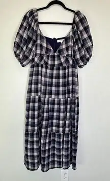 Moodie Navy Plaid Puff Sleeve Dress