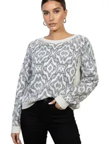 Hinge Metallic Geometric Knit Sweater Womens XS Gray White Glam