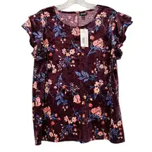 Velvet Wine Floral Flutter Sleeve Top Womens Sz L Renaissance Regency Dark Moody