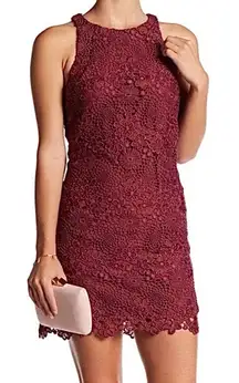 WAYF Randy burgundy crochet lace mini dress high neck cocktail party boho