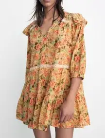 ZARA Floral Dress V-Neck Ruffle Cottagecore Romantic Relaxed Loose Sundress Mini