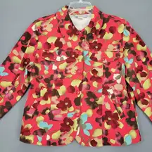 Ann Trinity Women Jacket Size M Red Stretch Preppy Floral Classic Button Up Coat