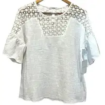 ACEMI Embroidered Lace Blouse Top White Sz L Cotton Sheer Neck Keyhole Boho NEW