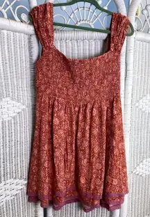 Free People Rust Floral Smocked Mini Dress Lace Trim Boho Cottagecore