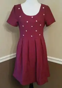 Burgundy Pleated Skirt Beaded Bodice Short-Sleeve ModCloth Dress by Doe & Rae