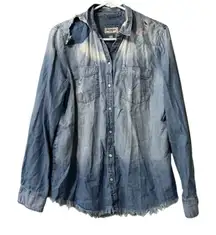 Express Women Size Medium Button Down Long Sleeve Shirt Denim Style Raw Hem City