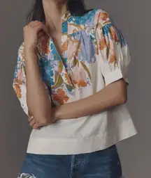 Anthropologie The Darcey Popover Floral Swing Top by Yukiko Noritake Cream XS