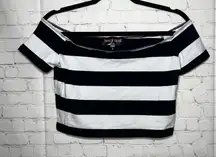 ✨TRICKZ N TREATZ Dolls Kill Black White Stripe Off Shoulder Crop Top Shirt Sz L