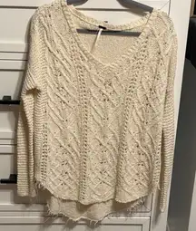 Free People Cream V-Neck Cable Knit Sweater