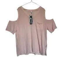 NWT Seven7 Cold Shoulder Top V-Neck Pocket Tee Casual Blouse Veil Rose XXL‎