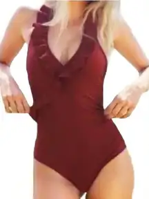 CUPSHE BURGUNDY RUFFLE FRONT WRAP ONE PIECE HALTER SWIMSUIT‎ WOMEN SIZE XL