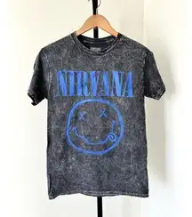 Nirvana Distressed Gray Band T Shirt Blue Smiley