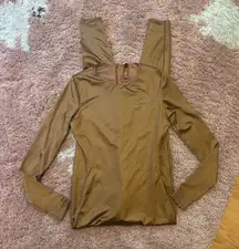 SKIMS Scoop Neck Long Sleeve Catsuit Jumpsuit Sculpting Zip Up Shimmer Carmel-S