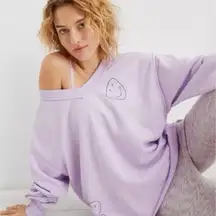 Aerie Oversized Wonder V-Neck Sweatshirt Purple Size XS Smiley Face Graphic