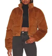 Superdown Adalynn Crop Faux Fur Bommer Jacket Brown SMALL Puffer Mob Wife NEW